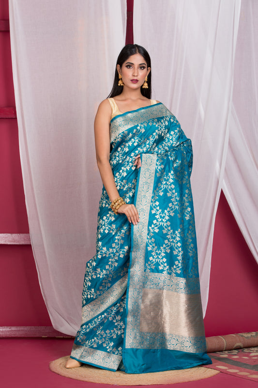 Firozi  Floral Print Banarasi saree