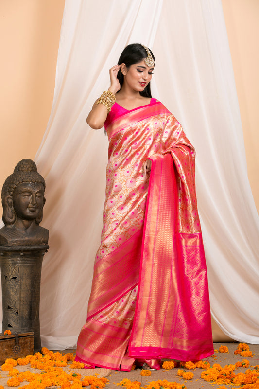 Pink Silk Saree with Floral border