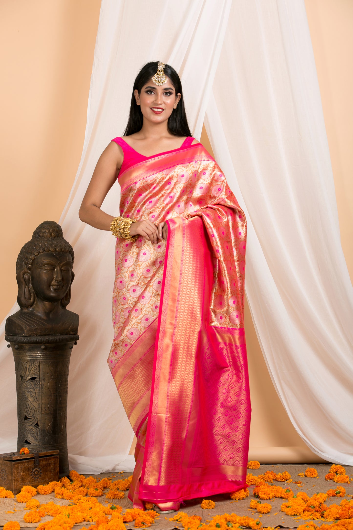 Pink Silk Saree with Floral border