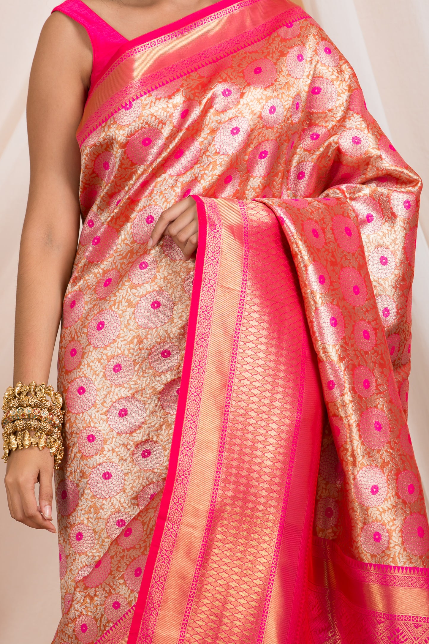 Pink Silk Saree with Floral border