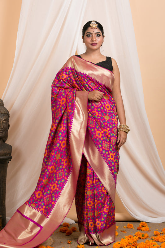 purple banarasi saree with patola pattern