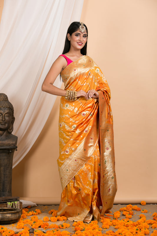 Mustard Floral Banarasi  Saree