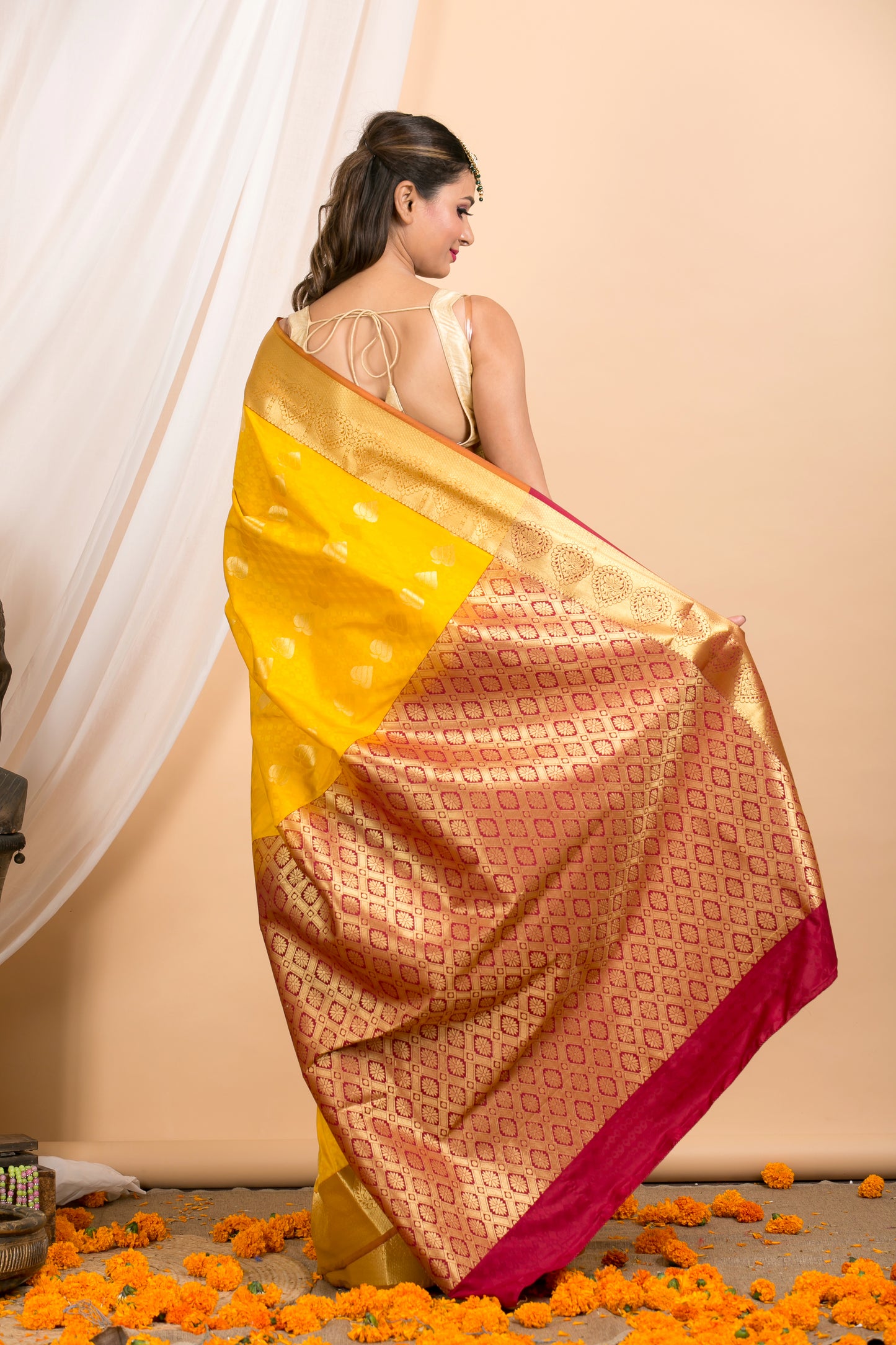 Mustard Kanjivaram saree with Gold Floral zari Border and red palla