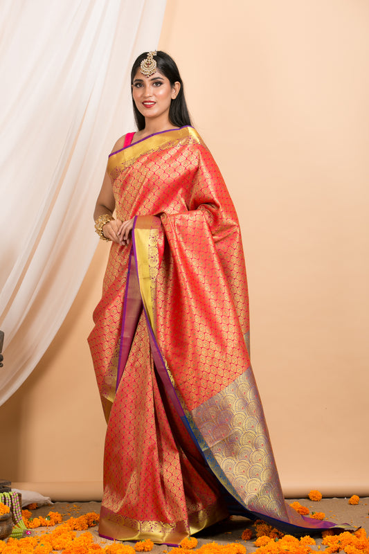 Pink Kanjivaram saree with Purple Border