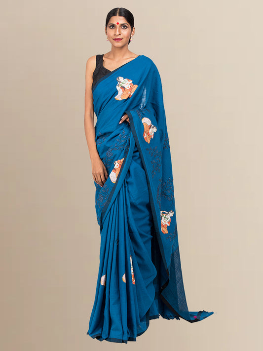 Firozi Cotton Embroidered Saree