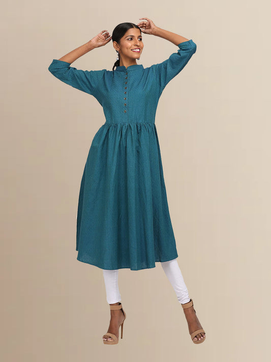 Blue Self Print  Cotton Kurta