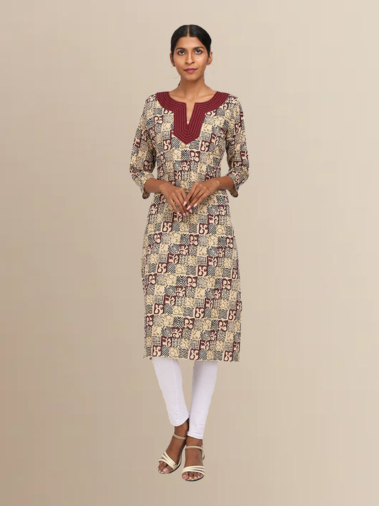 Beige Block Print Kurta