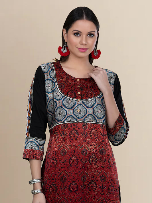 Brown Modal Silk Ajrakh Print Kurta