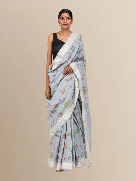 Grey Cotton Embroidered Saree