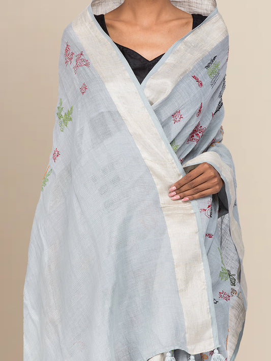 Grey Cotton Embroidered Saree