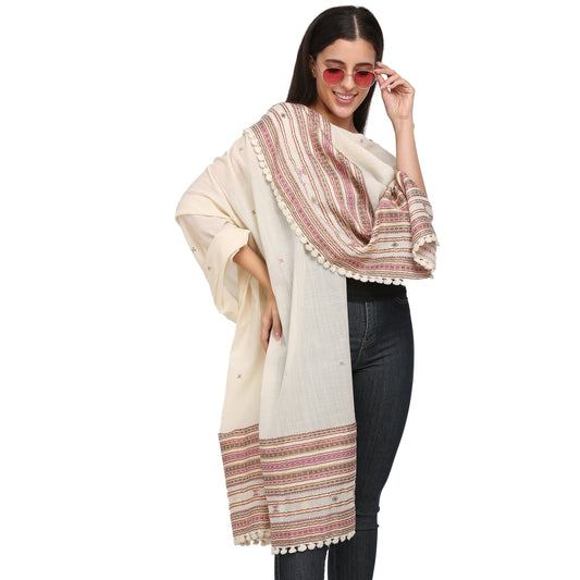 Off White Bhujaudi Hand Woven Shawl Tussar With Wool