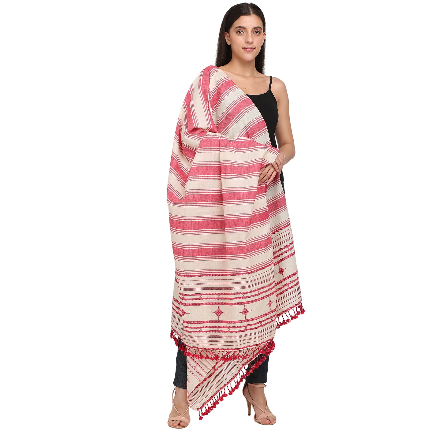 Off White With Red Striped Bhujaudi Hand Woven Shawl