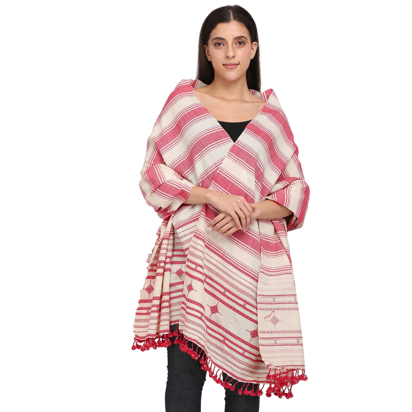 Off White With Red Striped Bhujaudi Hand Woven Shawl
