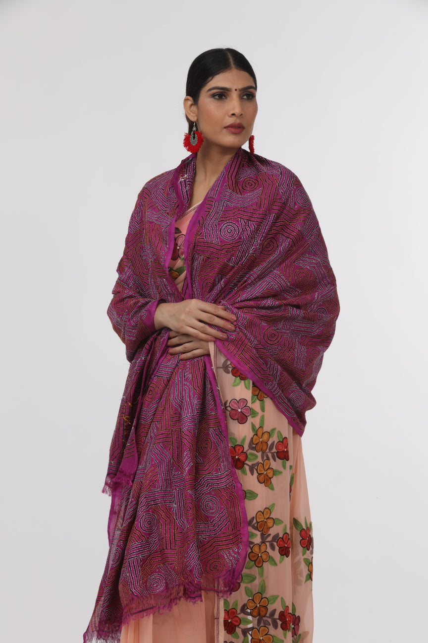 Magenta Kantha Work Silk Dupatta.