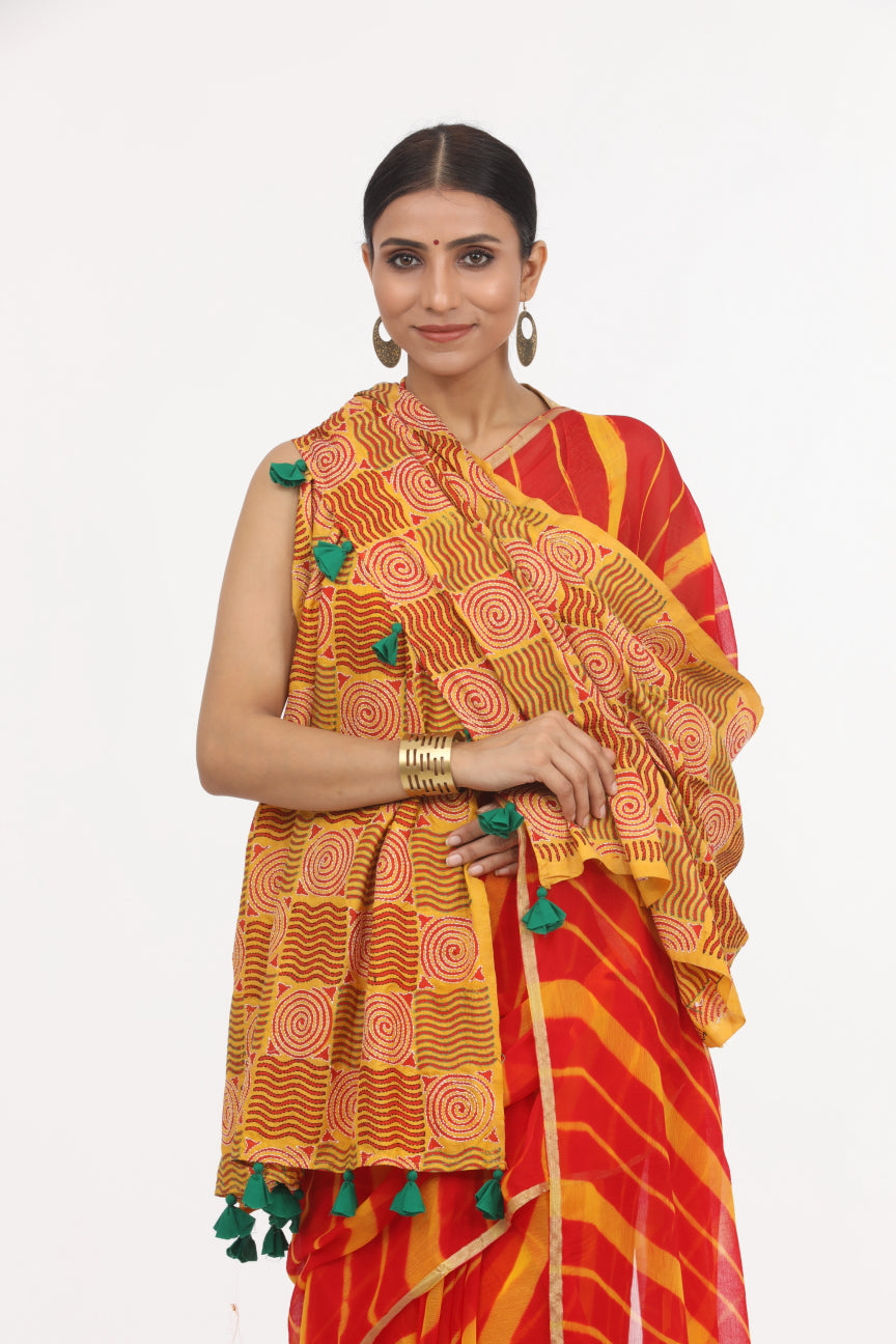 Mustard Kantha Work silk Dupatta.