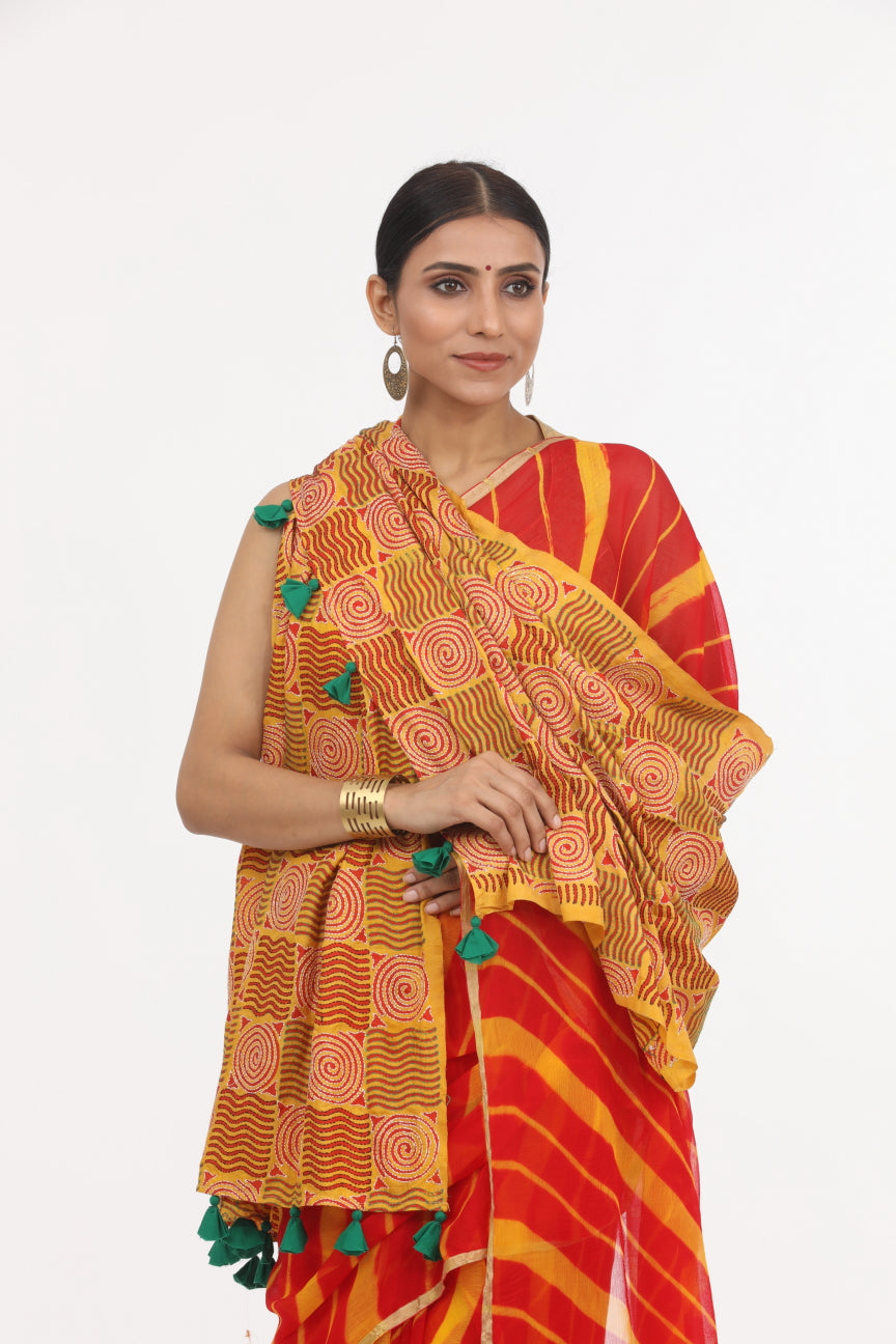 Mustard Kantha Work silk Dupatta.