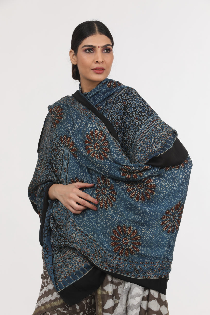 Black Modal Silk With Ajrak Print Dupatta.