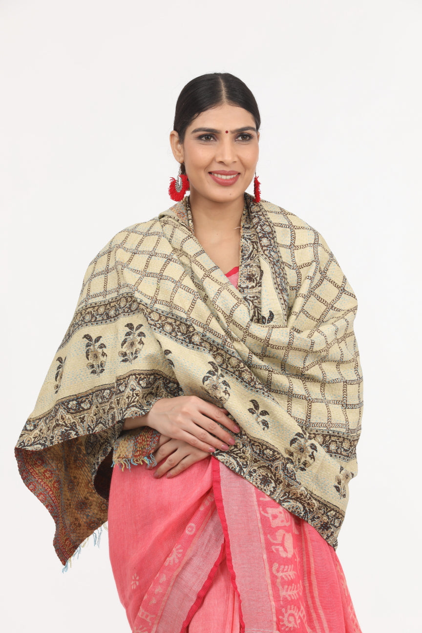 Off White Kantha Work Silk Dupatta.