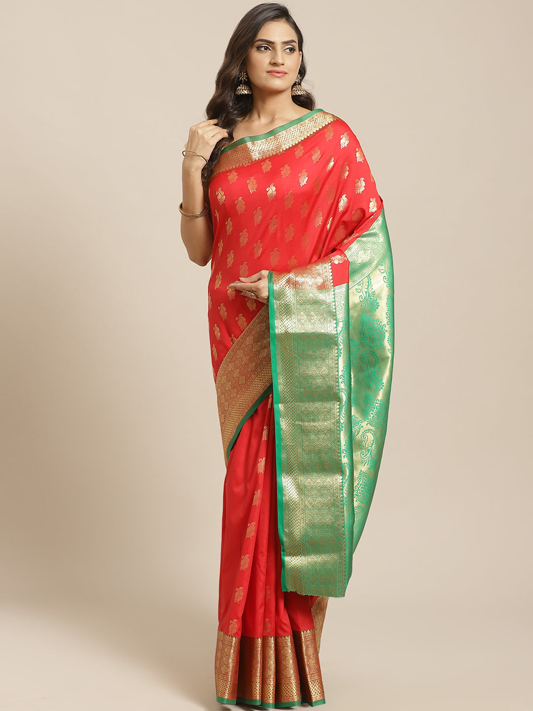 Red Banarasi Saree With Green Palla.