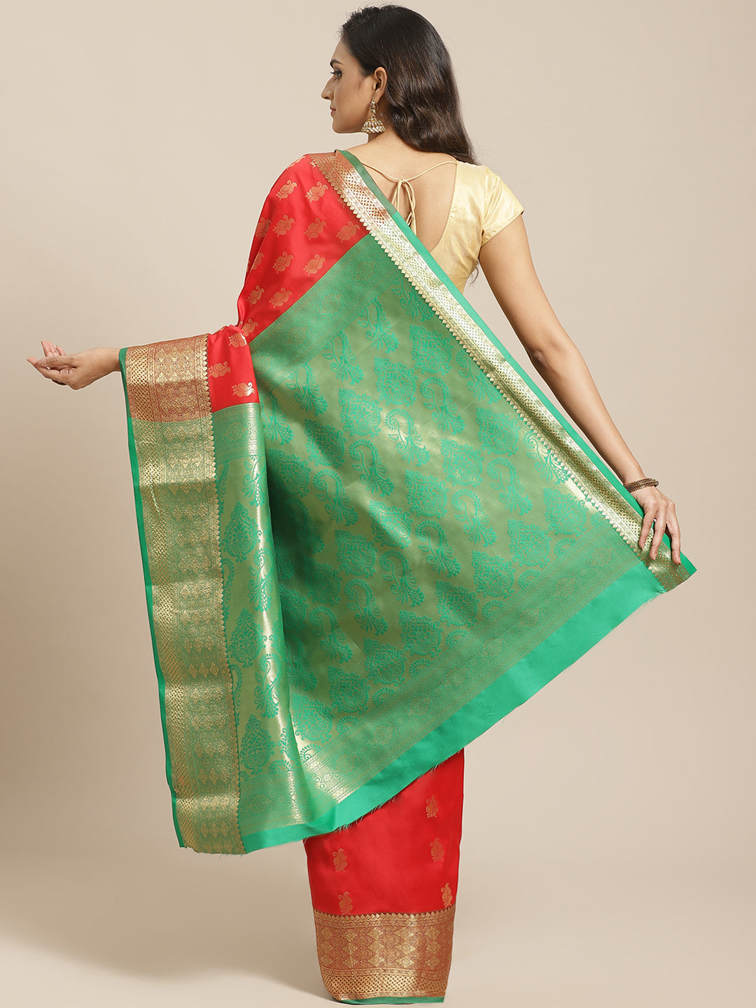 Red Banarasi Saree With Green Palla.