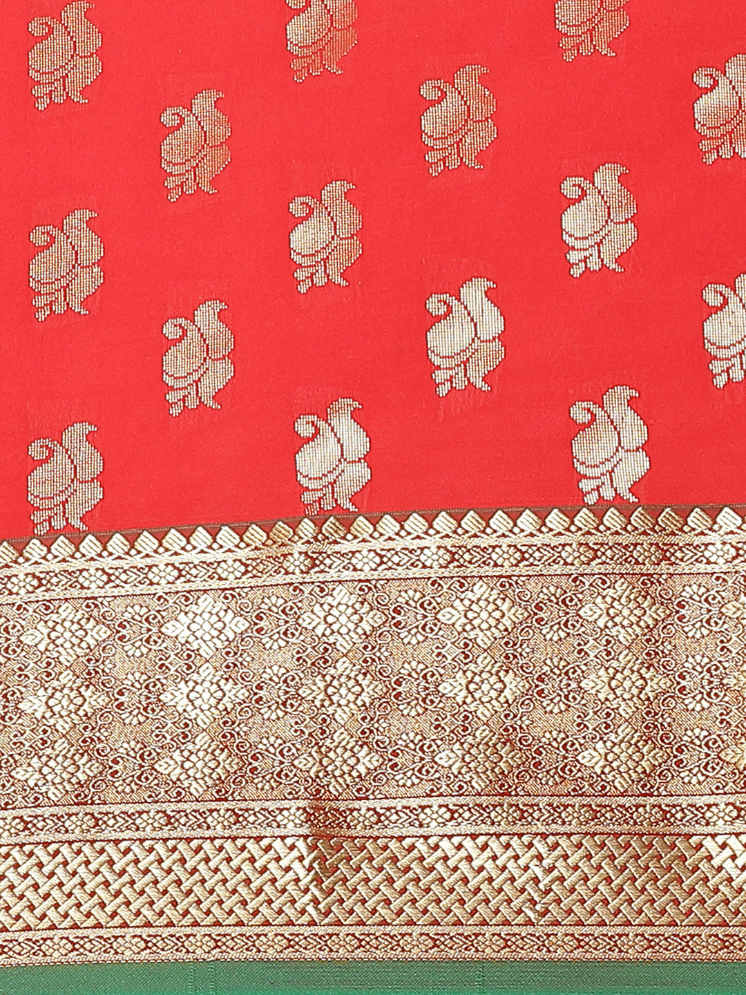 Red Banarasi Saree With Green Palla.