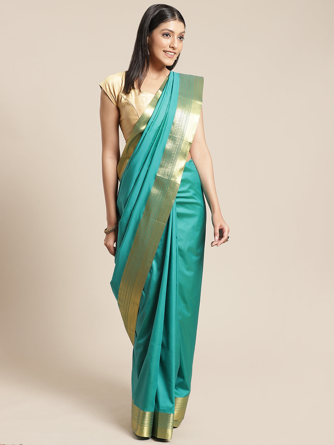 Rama Green Plain Saree With Zari Border