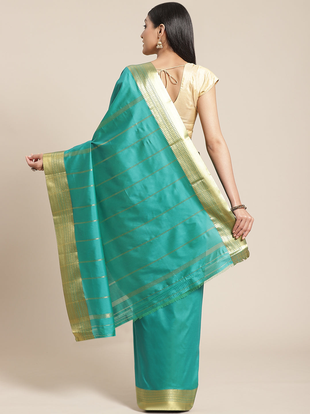 Pretty Parrot Green Plain Linen Saree with Silver Yellow Border - Loomfolks