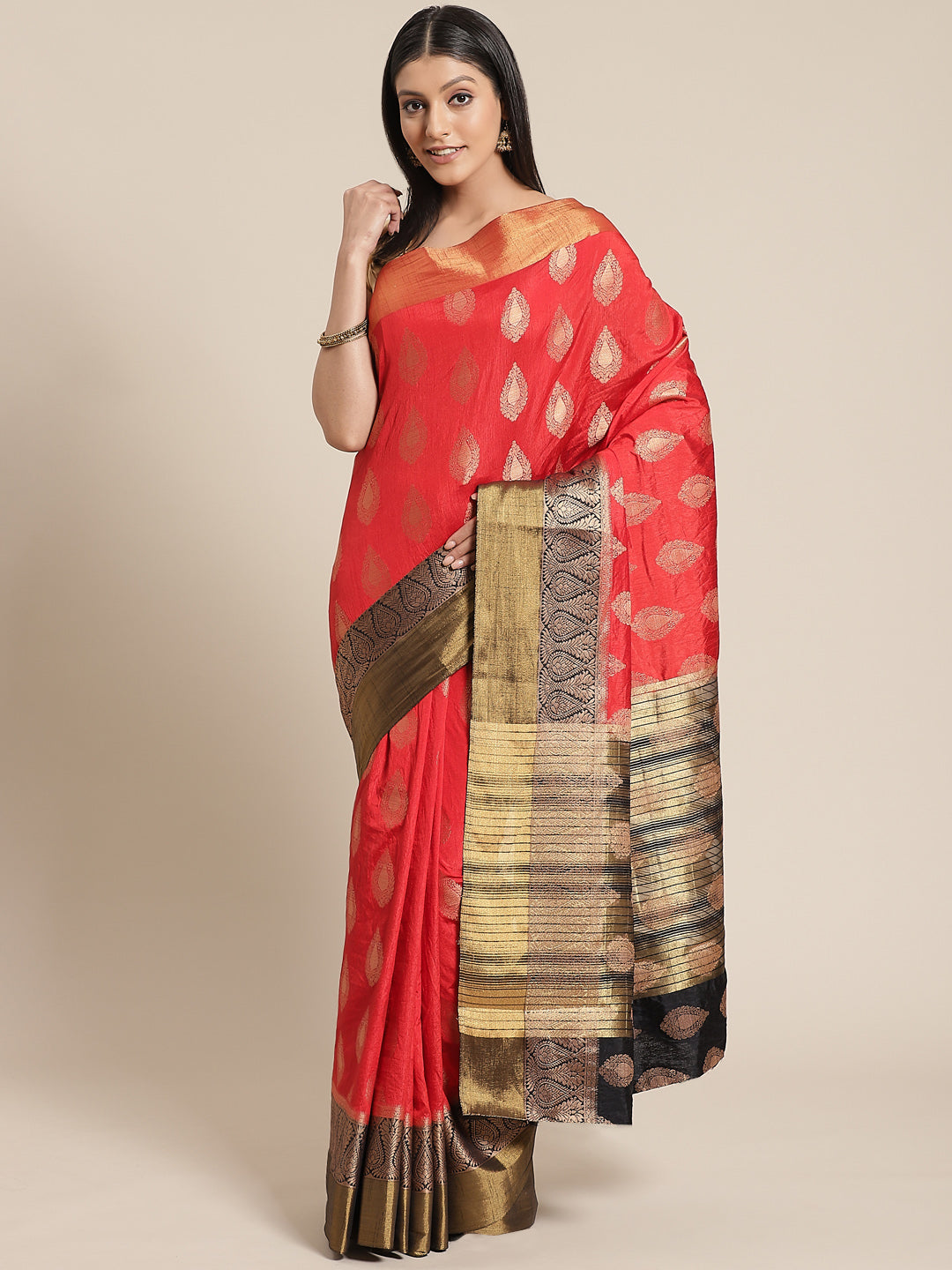 Red Silk Zari Buti Saree With Contrast Blue Zari Pallu