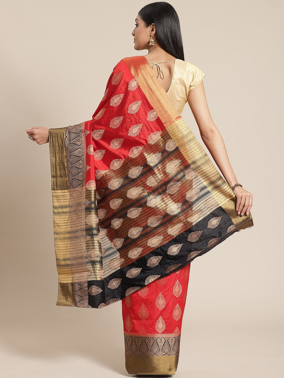 Red Silk Zari Buti Saree With Contrast Blue Zari Pallu