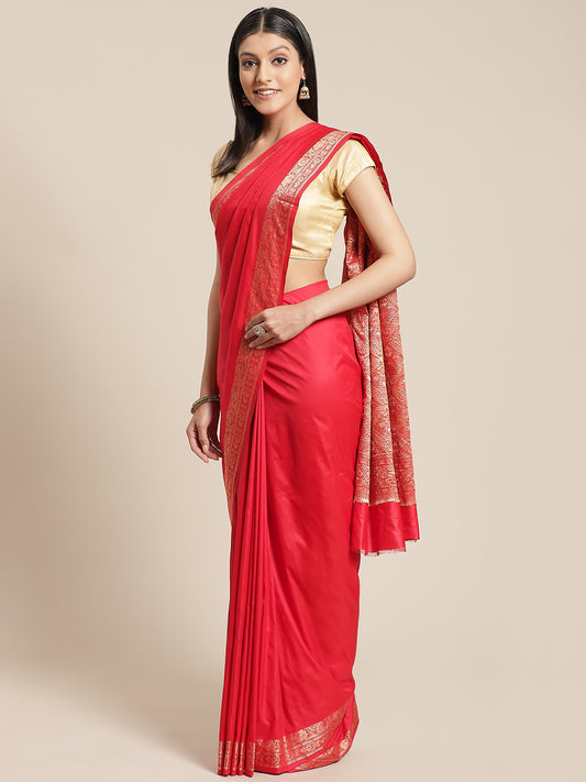 Red Orange Saree With Resham Thread Border And Pallu