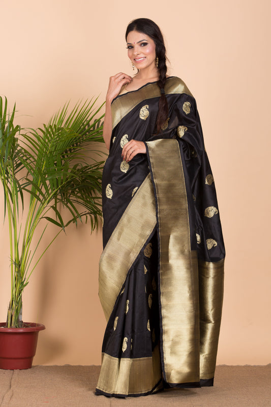 Black Katan Silk Saree With Karua Buti.