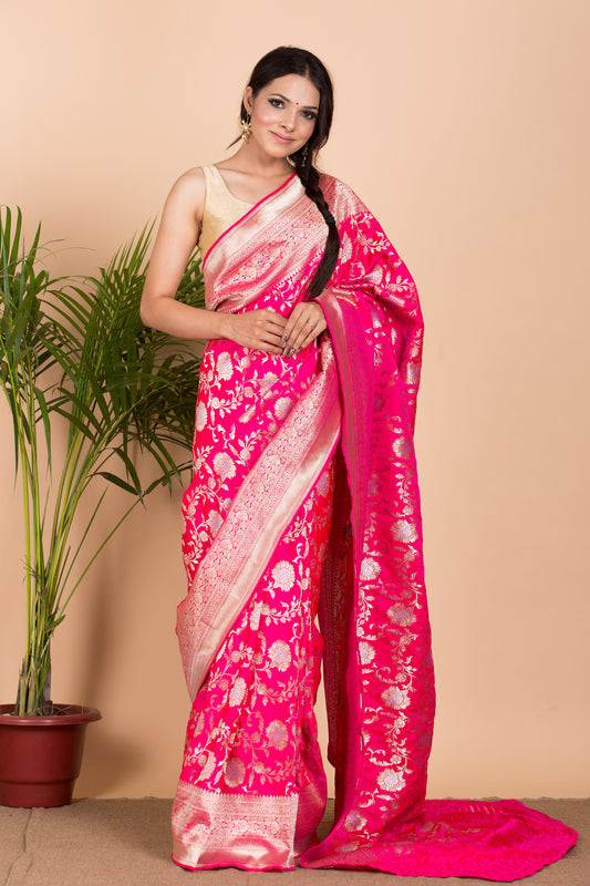 Pink Floral Gold Zari Print Banarasi Silk Saree