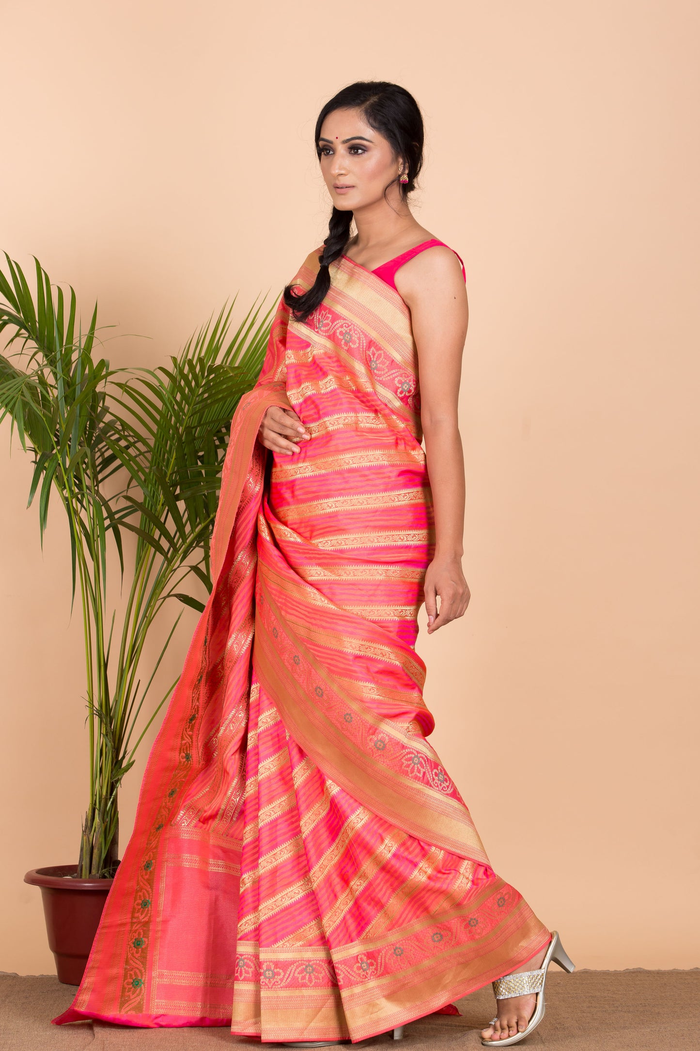 Pink Leharia Banarasi Silk Saree