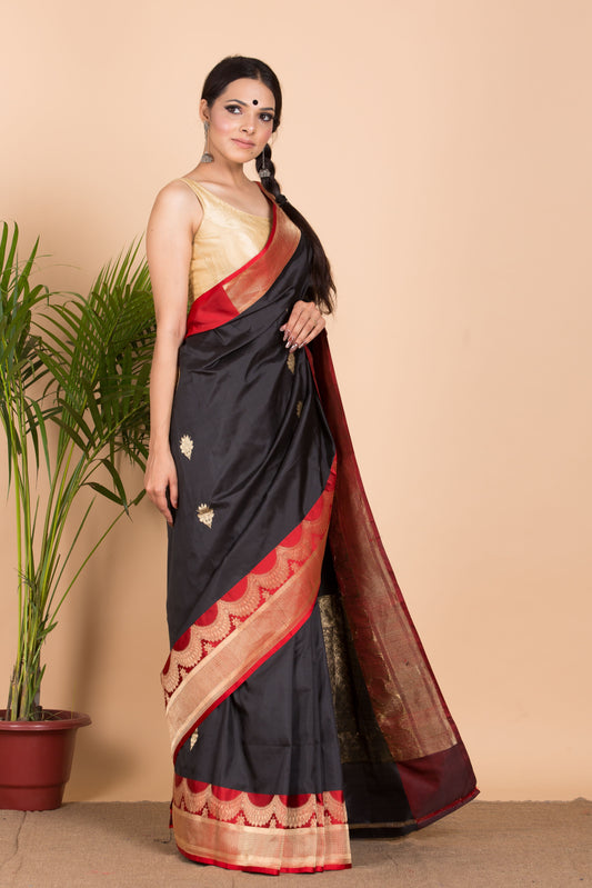 Black Banarasi  Silk Saree With Red Border