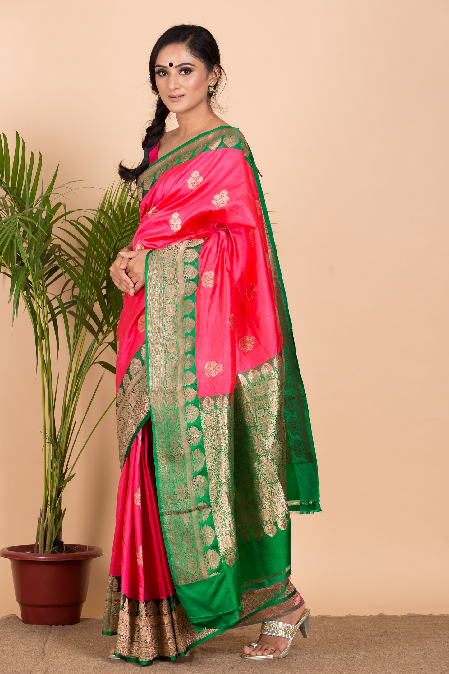 Pink Banarasi Saree with Green Border.