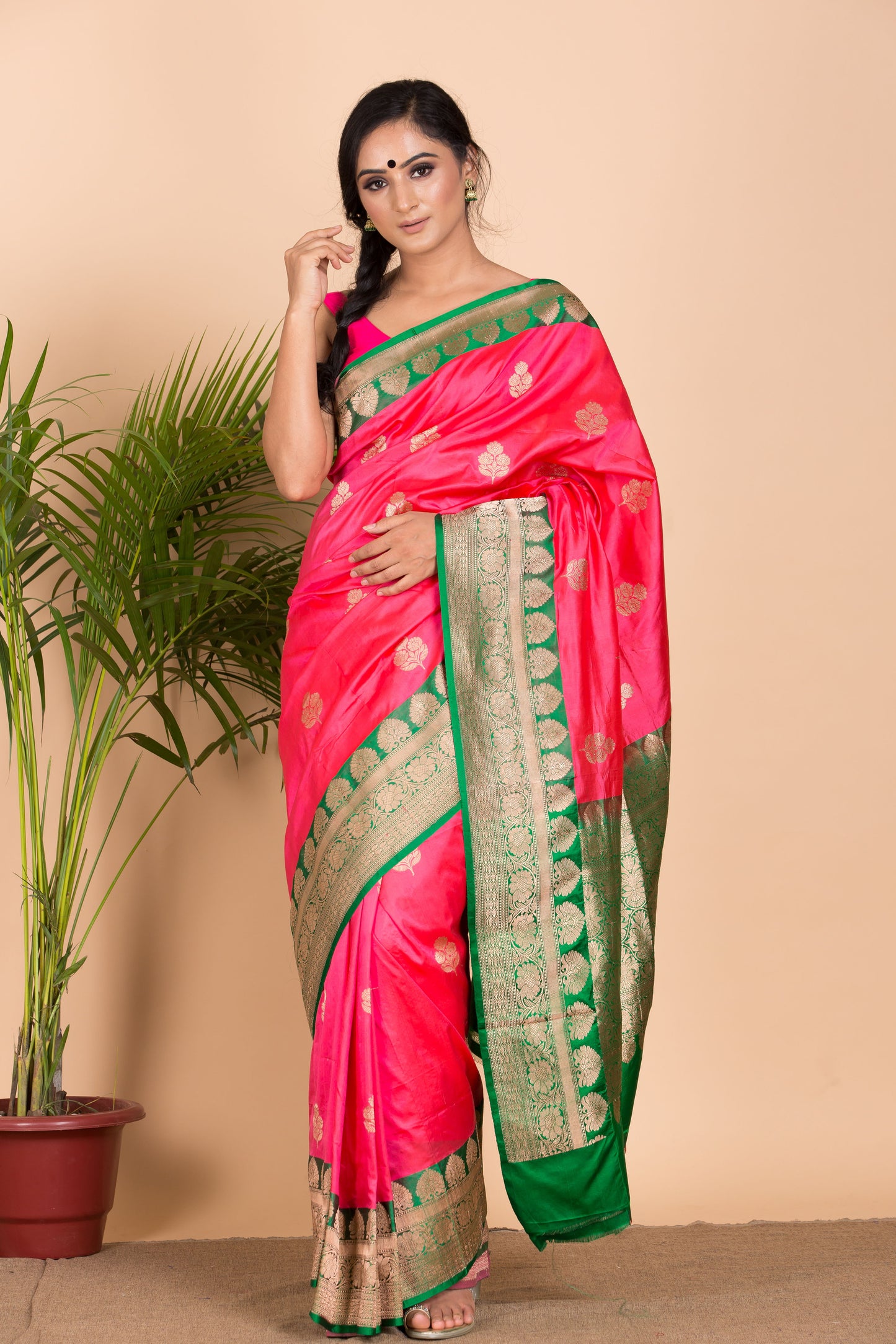 Pink Banarasi Saree with Green Border.