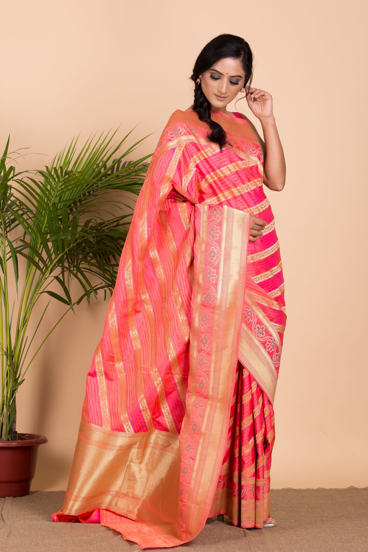 Pink Leharia Banarasi Silk Saree