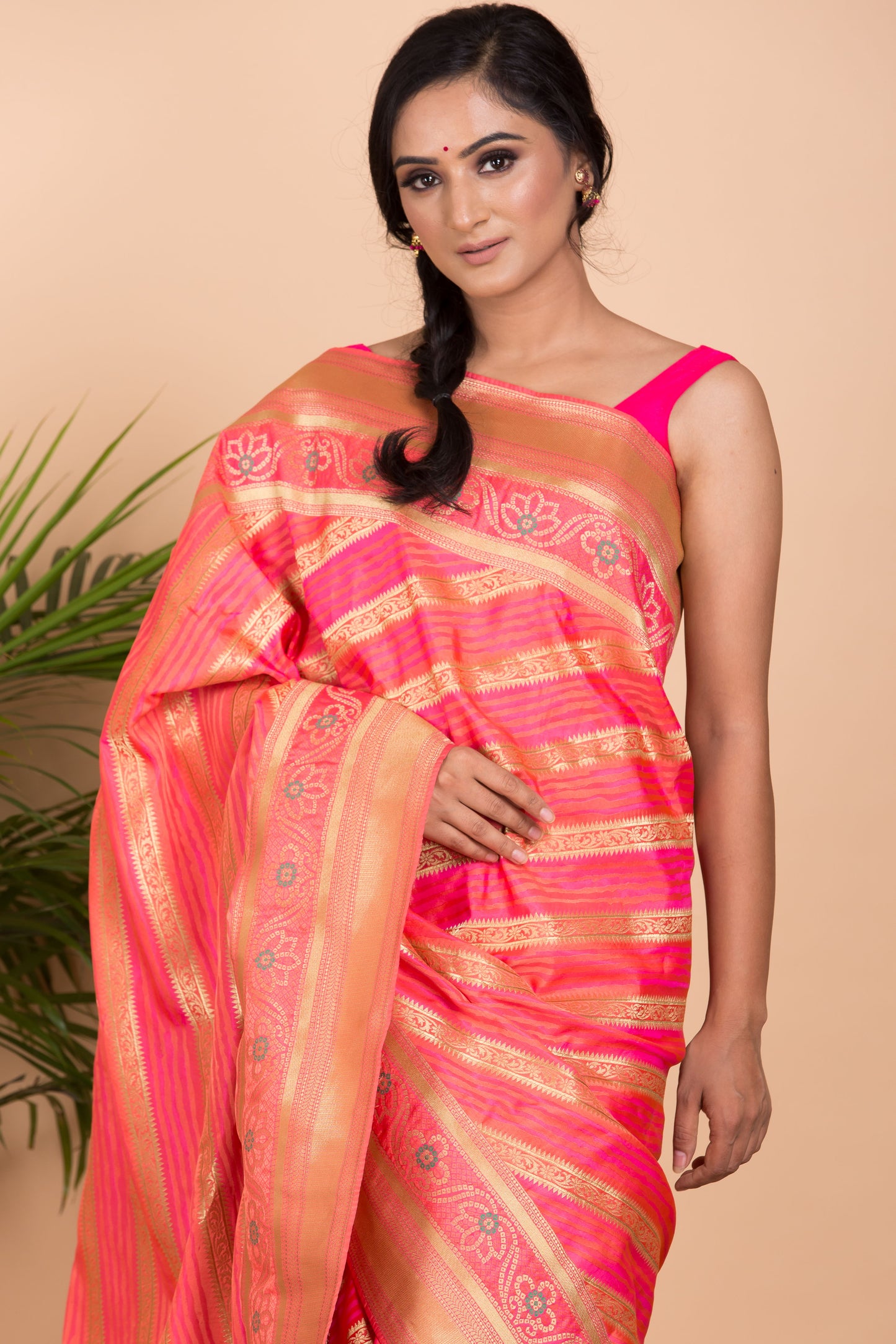 Pink Leharia Banarasi Silk Saree