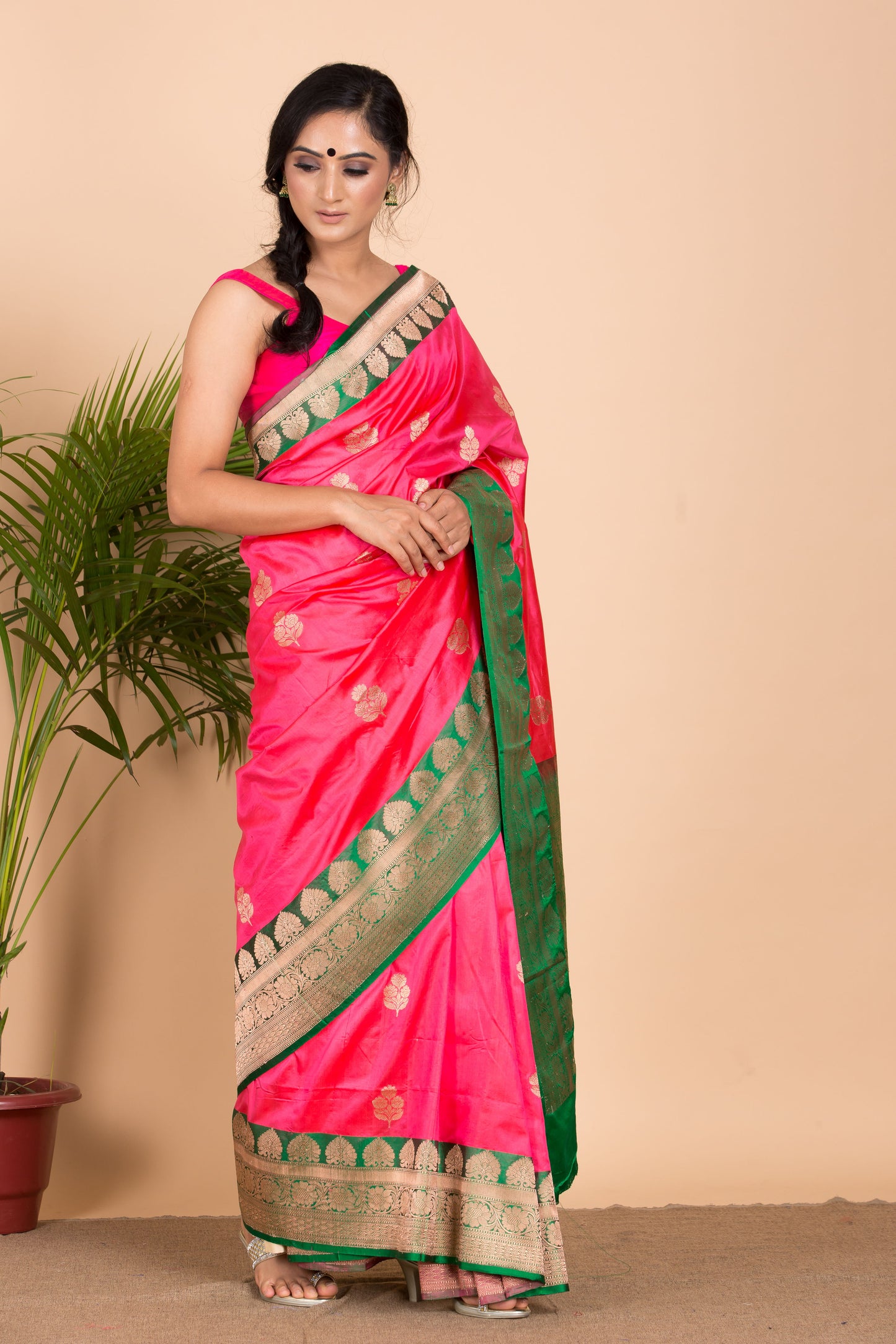 Pink Banarasi Saree with Green Border.