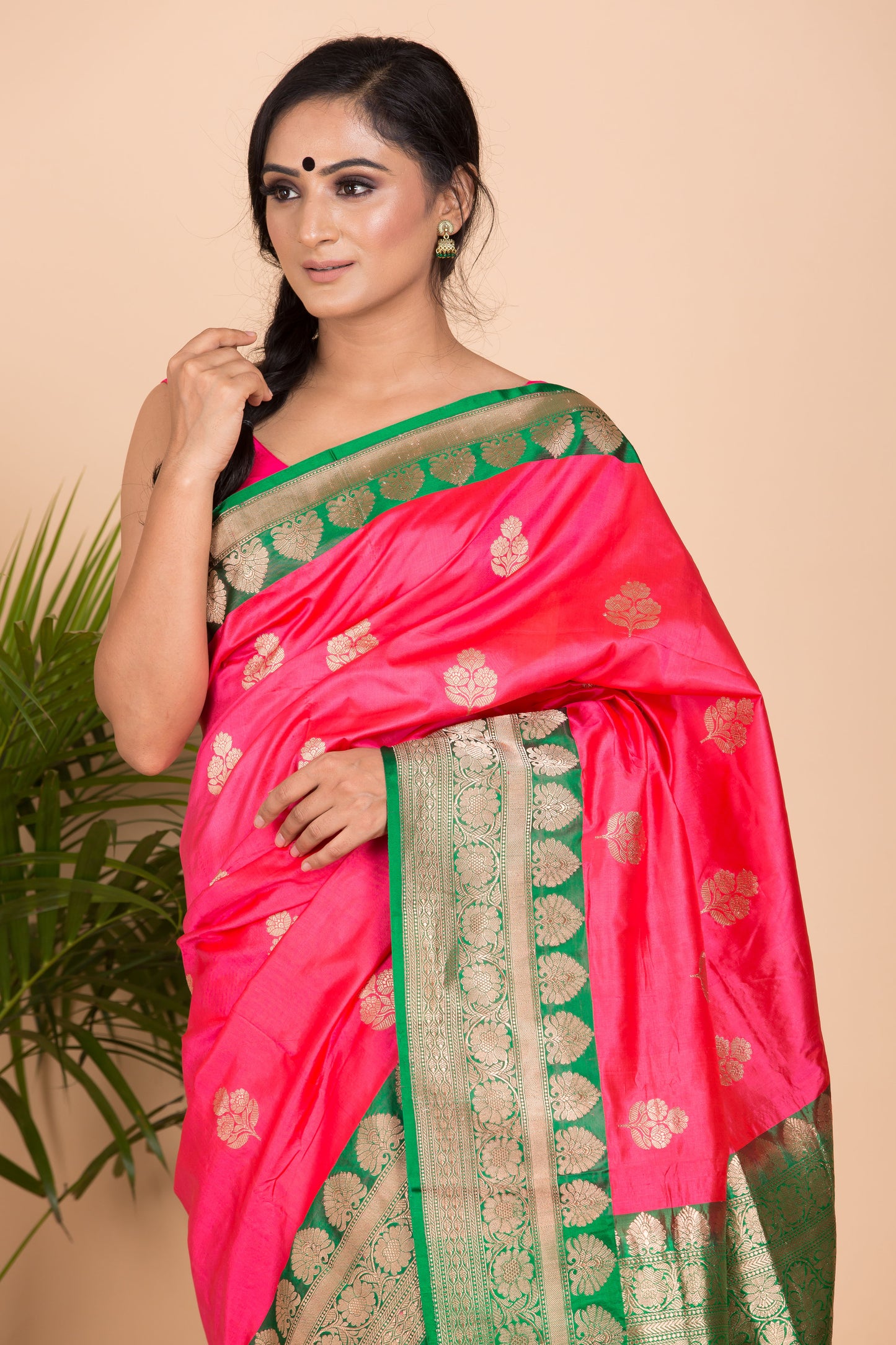 Pink Banarasi Saree with Green Border.