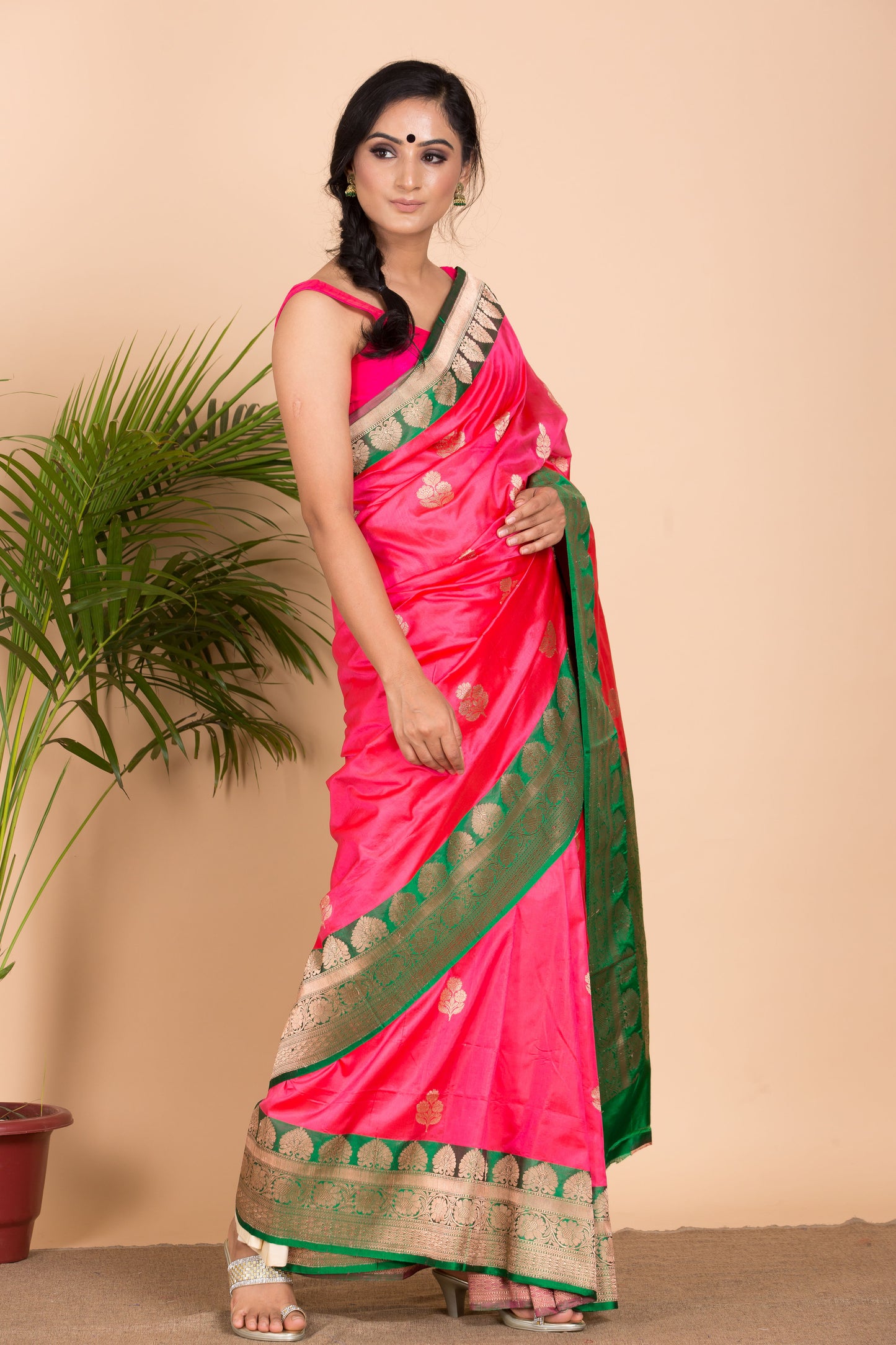 Pink Banarasi Saree with Green Border.