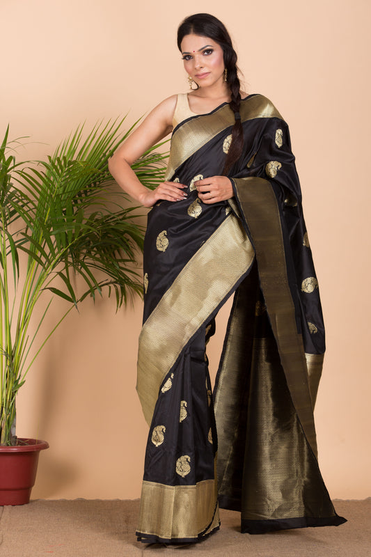 Black Katan Silk Saree With Karua Buti.