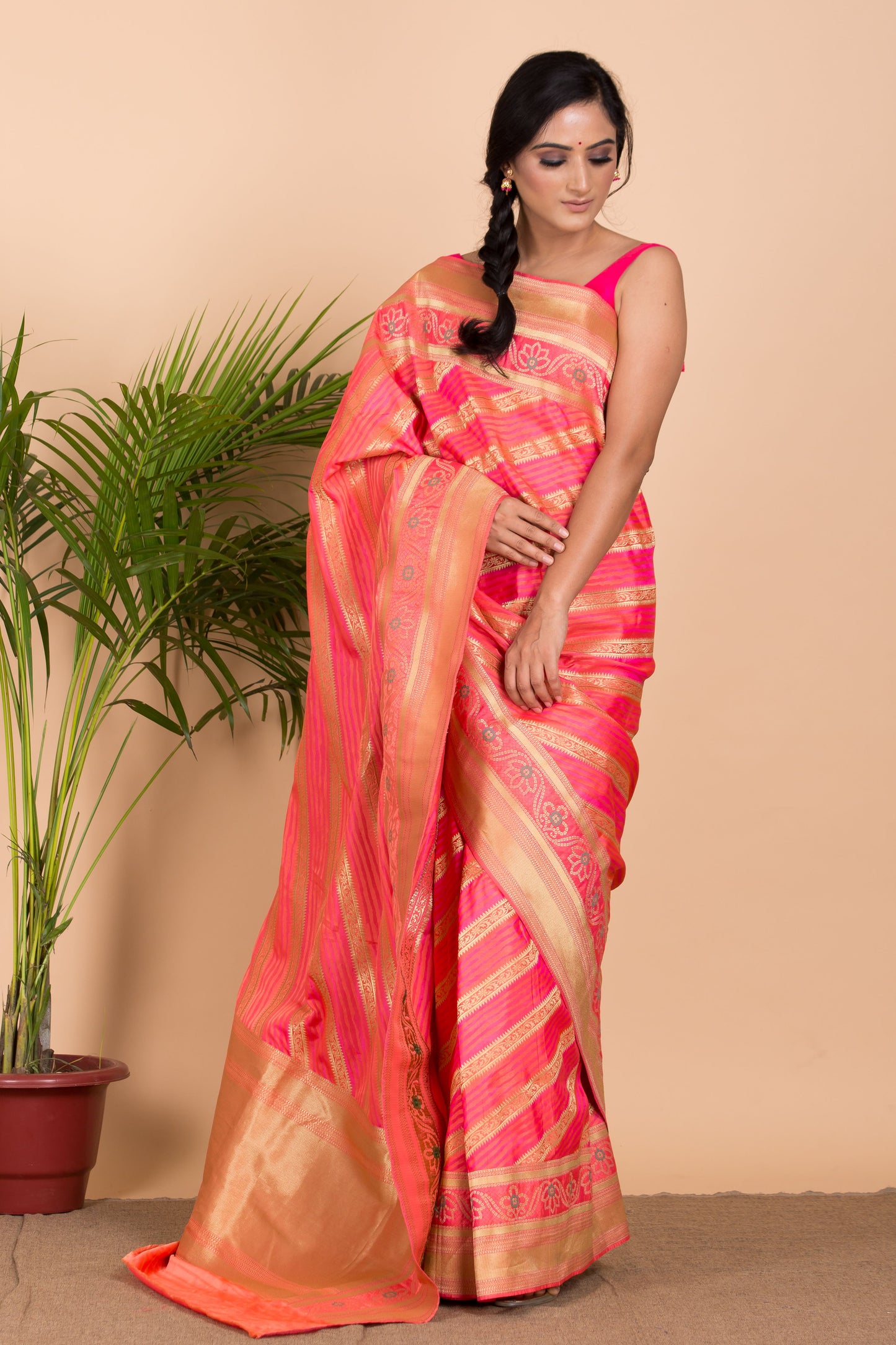 Pink Leharia Banarasi Silk Saree