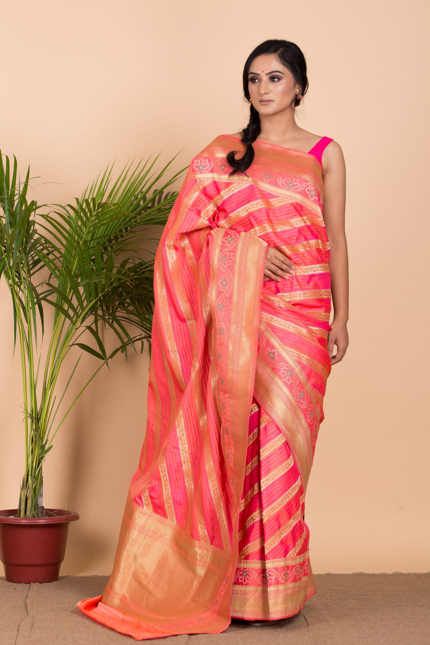 Pink Leharia Banarasi Silk Saree