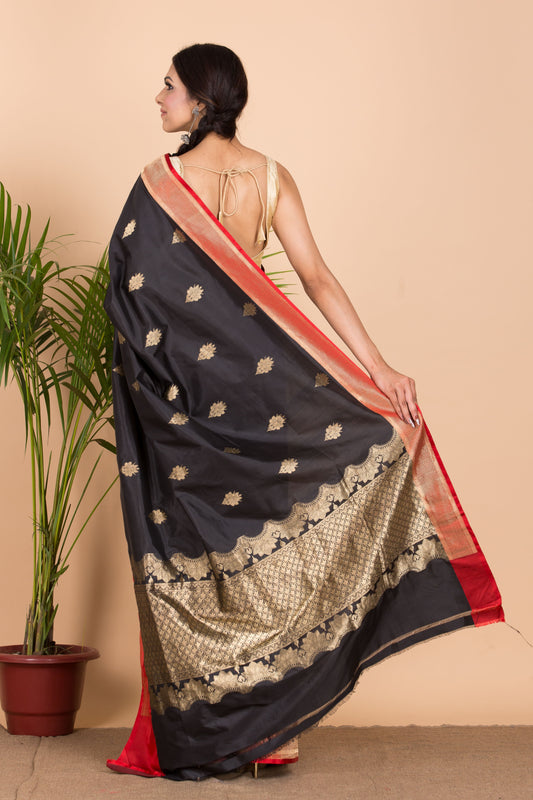 Black Banarasi  Silk Saree With Red Border