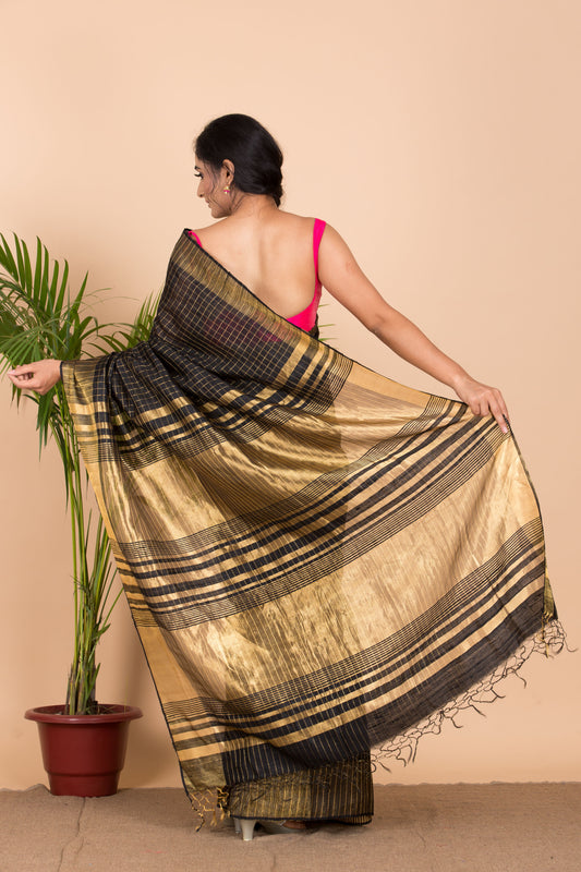 Black Check Kosa Silk Saree