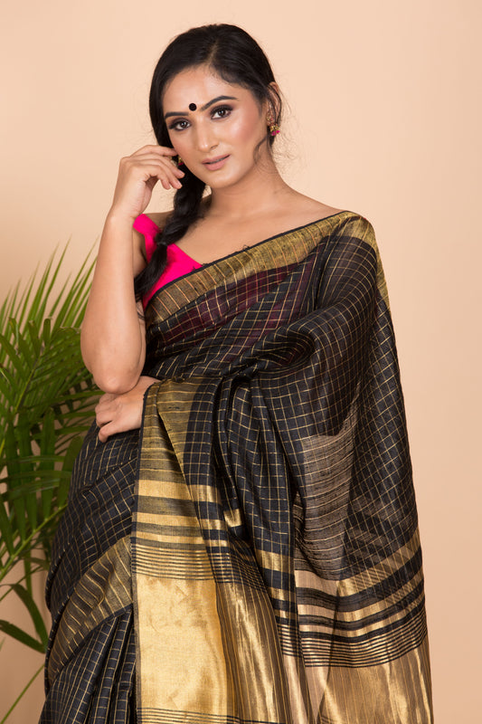 Black Check Kosa Silk Saree