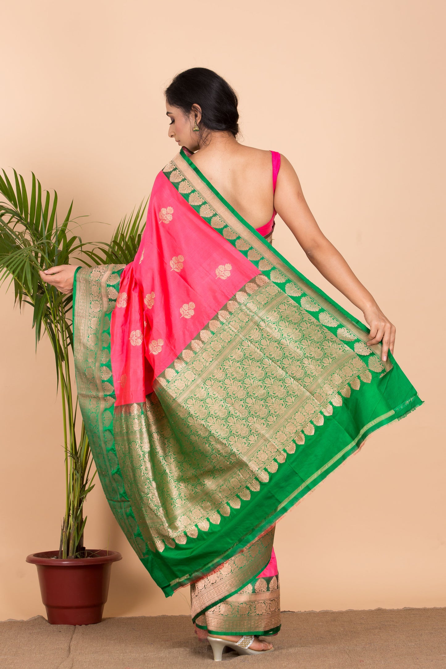 Pink Banarasi Saree with Green Border.