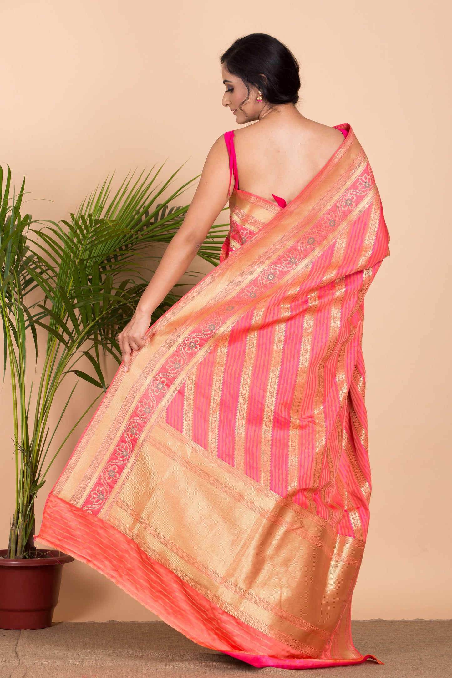 Pink Leharia Banarasi Silk Saree