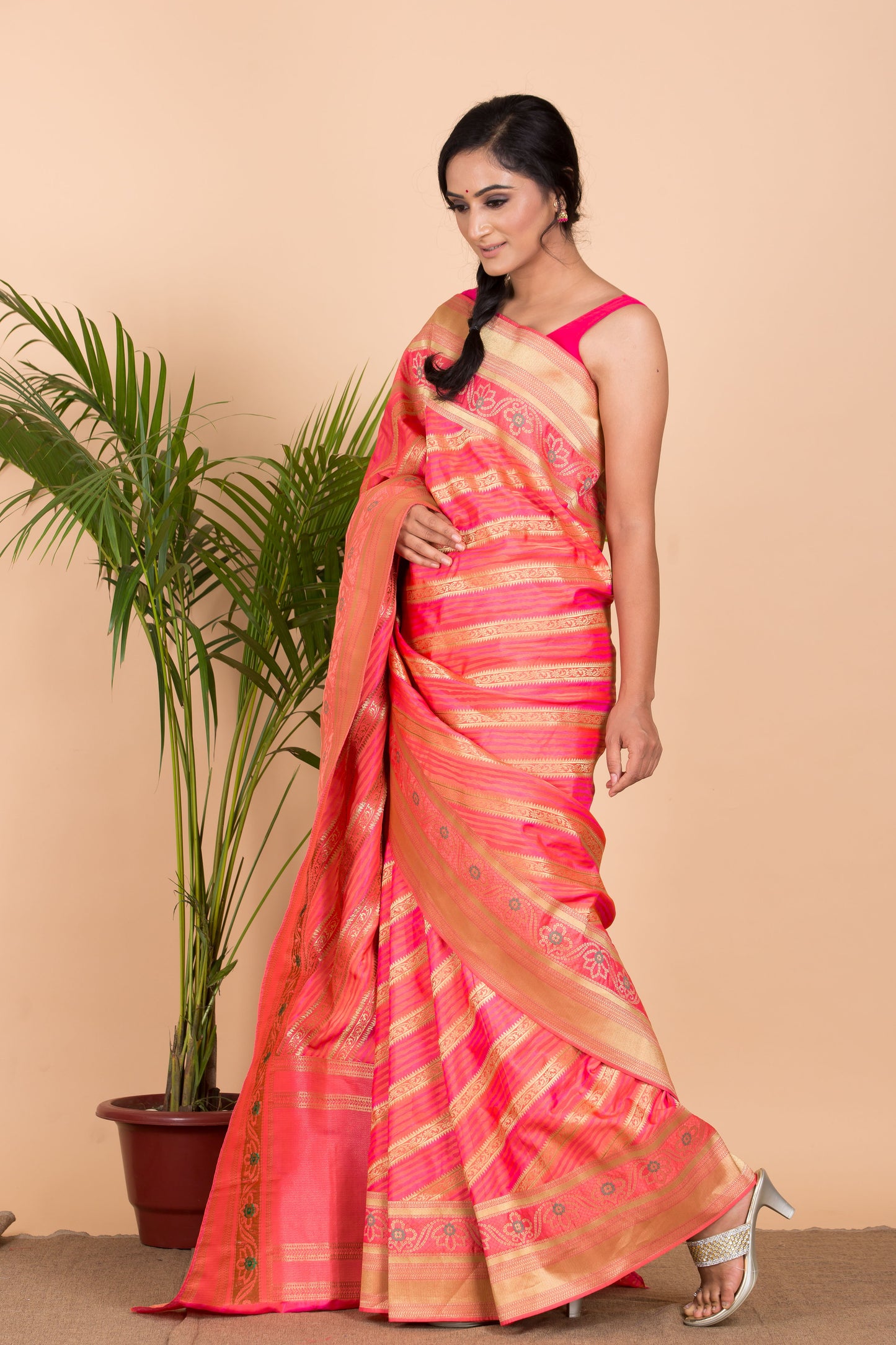 Pink Leharia Banarasi Silk Saree